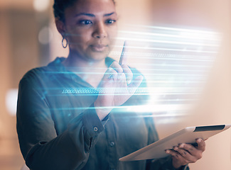Image showing Hologram screen, tablet and black woman with user interface for internet, cyber networking and online. Fintech overlay, futuristic business and girl on digital tech for finance, research or website