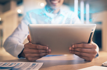 Image showing Global hologram, networking and black woman with tablet for internet, cyber world and online research. Digital overlay, futuristic business and girl with tech for innovation, communication and data