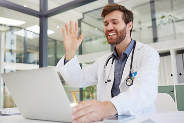 Image showing Wave, laptop video call or man doctor in office for online meeting, virtual assistance or medical consultation. Hospital person or healthcare gp use telehealth for remote support or wellness help