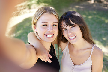 Image showing Happy, friends and selfie with women in park for bonding, relax and social media photo. Travel, smile and connection with portrait of girls and picture in nature for happiness, summer break and youth