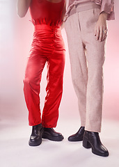 Image showing Fashion, men and retro clothes style and shoes for art and gay pride on a pink background in studio. Legs of people with vintage outfit for lgbt party, cosplay disco event or aesthetic model friends