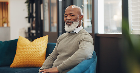 Image showing Senior black man, business leadership and portrait of elderly ceo, management and working in office lounge with vision, motivation and trust for goals. Company manager, executive and boss with pride