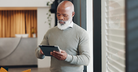 Image showing African businessman, tablet and thinking by window with communication, email or research on internet. Senior black man, strategy and innovation on web, app or schedule planning on calendar in Miami