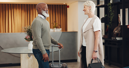 Image showing Travel and business people in partnership for business, b2b meeting and trust on a deal in a lobby. Welcome smile, agreement and employees with luggage on a trip for work