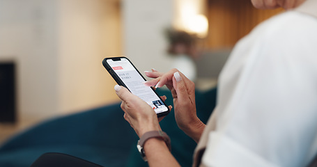 Image showing Hands, woman and phone screen for online shopping, reading post or target advert. Female, closeup or smartphone for product website, marketing ad or social media for chatting, connectivity or texting