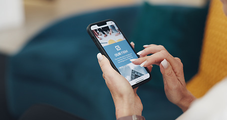 Image showing Hands, woman and phone screen for online shopping, reading post or products website. Female, lady and smartphone for target advert, marketing ads or social media for connectivity, chatting or texting