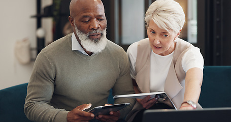 Image showing Business people, tablet and conversation working on report, reading communication or planning startup leadership strategy. Senior man, woman and discussion on digital tech device