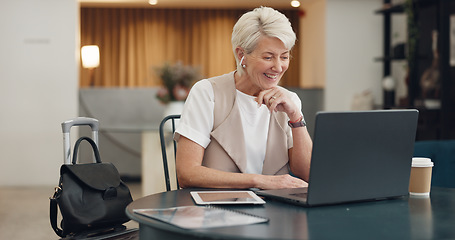 Image showing Video call, virtual meeting and laptop with a business woman remote working from an airport waiting terminal. Computer, communication and business meeting with a senior female employee at work