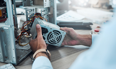 Image showing Hardware, repair and computer with hands of man for cpu system, maintenance or it engineering. Electronic, motherboard and circuit with technician fixing equipment for technology, microchip or expert