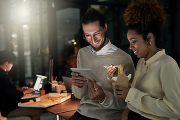 Image showing Night business, tablet and people with fast food for planning, web app data and collaboration. Diversity workers, digital technology and eating takeout in dark agency for happy productivity together