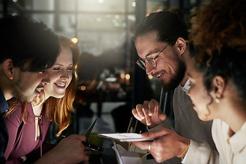 Image showing Night business, people and discussion on tablet for planning, research or collaboration in dark office. Diversity employees, digital technology and overtime online in agency, group strategy and smile