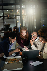 Image showing Night business, people and teamwork on laptop for planning, research and collaboration in dark office. Happy diversity, computer technology and overtime in agency, group strategy or web brainstorming