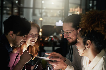 Image showing Dark business, people and teamwork on tablet for planning, research and collaboration in night office. Happy diversity, digital technology and overtime in agency, group strategy and app connectivity