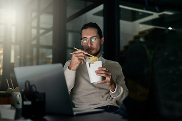 Image showing Laptop, noodles and business man eating in office at night while finishing project. Ramen break, chinese food and male employee eat takeaway dinner while reading email on computer in dark workplace.
