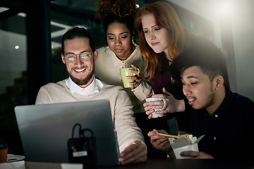 Image showing Discussion, laptop and business people in the office at night working overtime on a deadline project. Collaboration, late and corporate team planning company report together on computer in workplace.