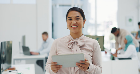 Image showing Face, tablet and business woman in office with vision, mission and success mindset. Technology, leadership and female with touchscreen for marketing research, email or internet browsing in workplace.