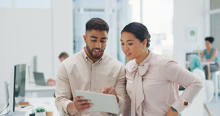 Image showing Talking business people, tablet and web design planning in coworking office with seo innovation, website ideas or logo branding vision. Smile, happy and creative designers on technology collaboration