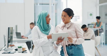 Image showing Business women, muslim or tablet in coworking office for web design planning, logo branding or advertising strategy goals. Islamic manager, ceo or leadership with technology for internship schedule