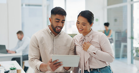 Image showing Talking business people, tablet and web design planning in coworking office with seo innovation, website ideas or logo branding vision. Smile, happy and creative designers on technology collaboration