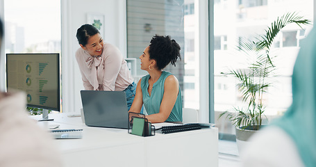 Image showing Business women, laptop or documents help for company kpi analytics, target audience research or digital marketing branding. Smile, happy and talking creative designer, coworking office mentor or tech