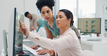 Image showing Women, report documents and computer for coaching, goals and business kpi for teamwork planning. Black woman team, paper and training at investment agency with data, collaboration and market research