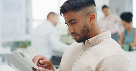 Image showing Business, man and tablet for typing, connection or social media in modern office. Male entrepreneur, ceo or manager with digital schedule, online search or internet marketing for advertising or focus