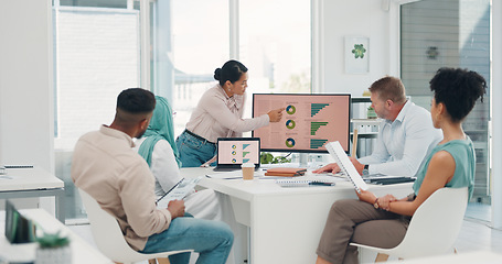 Image showing Business people, presentation and computer with woman, planning or graph for target, goal or kpi. Corporate executive team, leader and infographic vision on pc, marketing and motivation in New York