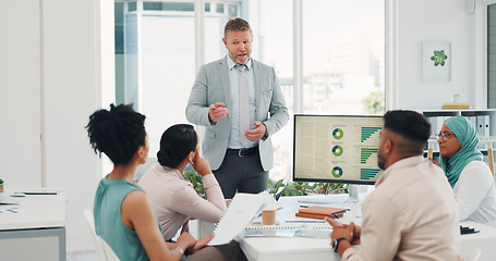 Image showing Presentation, meeting and business people planning project with a leader in office boardroom. Leadership, conversation and senior corporate manager presenting statistics, data or information to team.