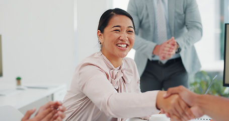 Image showing Handshake, applause or woman with success for meeting sales growth target or kpi goals with a marketing strategy. Computer, congratulations or happy worker shaking hands with excited business people