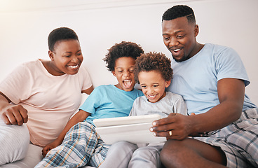 Image showing Black family, tablet and kid video watching of a mother, dad and children in a home at morning. Digital app, online and child education app with a mama, boys and father together with happiness