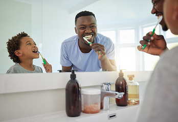 Image showing Dental, brushing teeth and father with son in bathroom for bonding, morning routine and cleaning. Teaching, self care and toothbrush with black man and child at home for wellness, fresh and hygiene