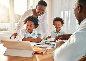 Image showing Elearning, children video and education with mother and father help of black family in a home. Student boys, tablet learning and online school development app with happiness and smile in a house