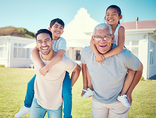 Image showing Family, father and grandfather piggyback children in portrait, love and relationship with generations, bonding and care. Laughing, happiness and fun together with men and kids outdoor with childhood