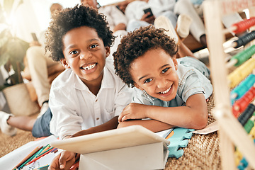 Image showing Tablet, elearning and portrait of children on floor of living room for relax, education and homework. Study, technology and digital with siblings at home for remote school, streaming and internet