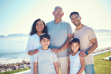 Image showing Love, happy and portrait of a big family on a vacation, adventure or weekend trip in Puerto Rico. Happiness, smile and children standing with their parents and grandfather at holiday resort or house.