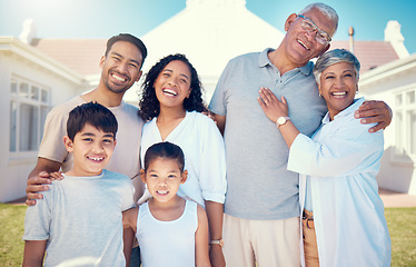 Image showing Happy, smile and portrait of big family at new home for bonding, affectionate and care. Relax, quality time and natural with parents and children in garden for happiness, generations and support