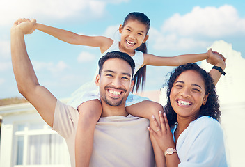 Image showing Airplane, happy and smile with portrait of family for bonding, support and relax at home. Weekend, trust and quality time with man carrying girl on shoulders for care, summer break and positive