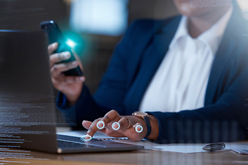 Image showing Fingerprint, computer hologram and hands of woman typing on biometric software, cybersecurity or information technology. Laptop, code and business person with fingers overlay or holographic at night