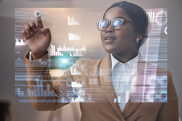 Image showing Futuristic, hologram and black woman with charts, typing or data analytics for communication. African American female employee, coder or programmer with holographic, cyber security or cloud computing