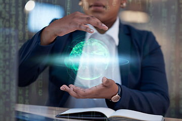 Image showing Business woman hands with globe hologram for worldwide connection, global data and cybersecurity software development. Connection, world or green planet in person palm at night in futuristic overlay