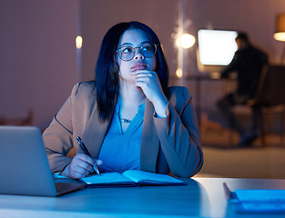 Image showing Thinking, ideas and woman in night office for digital planning, information technology solution and software development. Contemplating, thoughtful and serious business person or programmer notebook