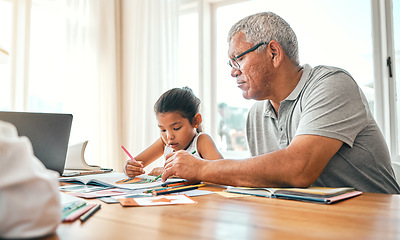 Image showing Grandpa help, child learning and home studying in a family house with education and knowledge. Senior man, girl and teaching of a elderly person with a kid doing writing for an online class project