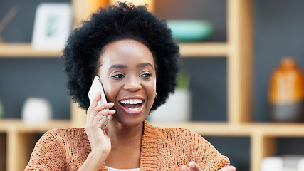 Image showing Business woman answering her phone, smiling, laughing and chatting in the office. Happy female designer making a phonecall to a customer, client or colleague to discuss and brainstorm creative ideas