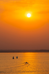 Image showing Yacht boats in lake on sunset