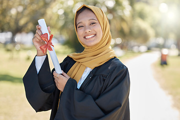 Image showing Graduation portrait, university and muslim woman with certificate for education, learning success and college. Islamic student or young hijab person with diploma for school at campus park or outdoor