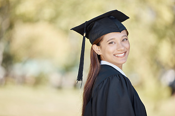 Image showing Portrait, student smile and graduation of woman from Brazil outdoor in university or college mockup. Graduate face, education scholarship or happy, proud or confident female with academic achievement