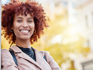Image showing Portrait, business and black woman in city, success and happiness with confidence, skills and career. Face, African American female employee and entrepreneur with smile, leadership status and town