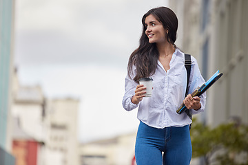 Image showing Young woman or student in city on coffee break walking to campus, university or college for carbon footprint. Europe person with backpack and drink for international study opportunity in urban street