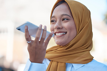 Image showing Face, phone call and loud speaker, woman and smile, communication and voice note with social media and Muslim person. Happy, young Islamic female in hijab, smartphone and technology with chat outdoor