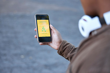 Image showing Hand, party and student with an invitation on a phone screen for celebration, drinks and a social. Mobile, app and black man reading a message about a university event, gathering or digital invite